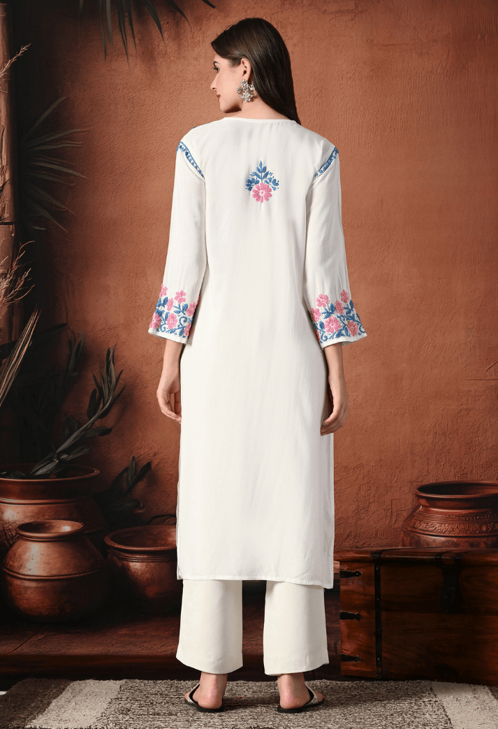 Syrish Pink Thread Hand Embroidered Chikankari Straight Rayon Kurta