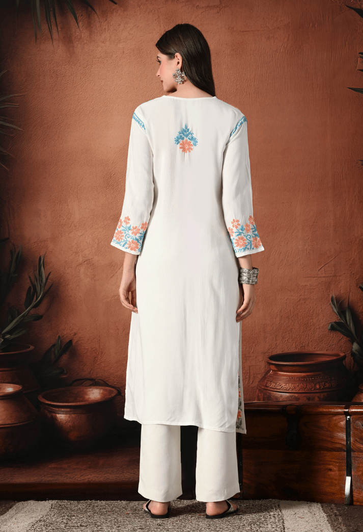 Syrish Peach Thread Hand Embroidered Chikankari Straight Rayon Kurta