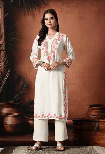 Syrish Pink Thread Hand Embroidered Chikankari Straight Rayon Kurta