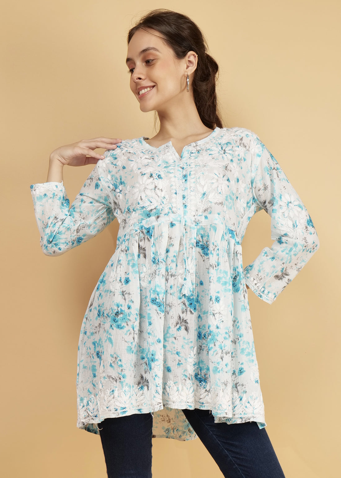 Mulmul Short Frock Style Kurti - Floral Print Blue