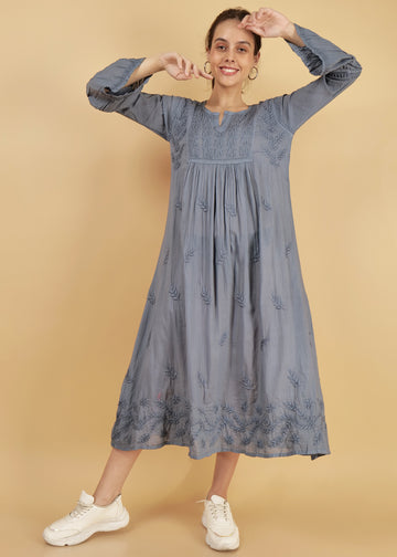 Mulmul Hand Embroidered Knee length Chikankari Dress Grey
