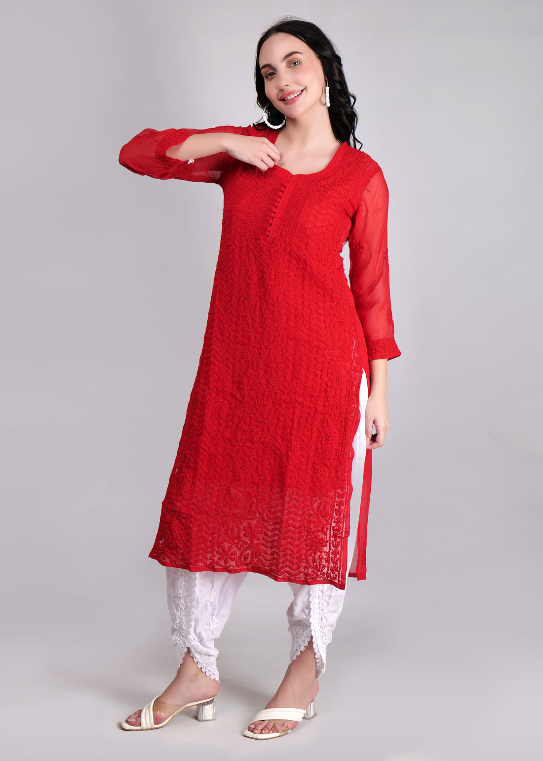 Geogette Hand Embroidered Calf length Chikankari Red Kurta