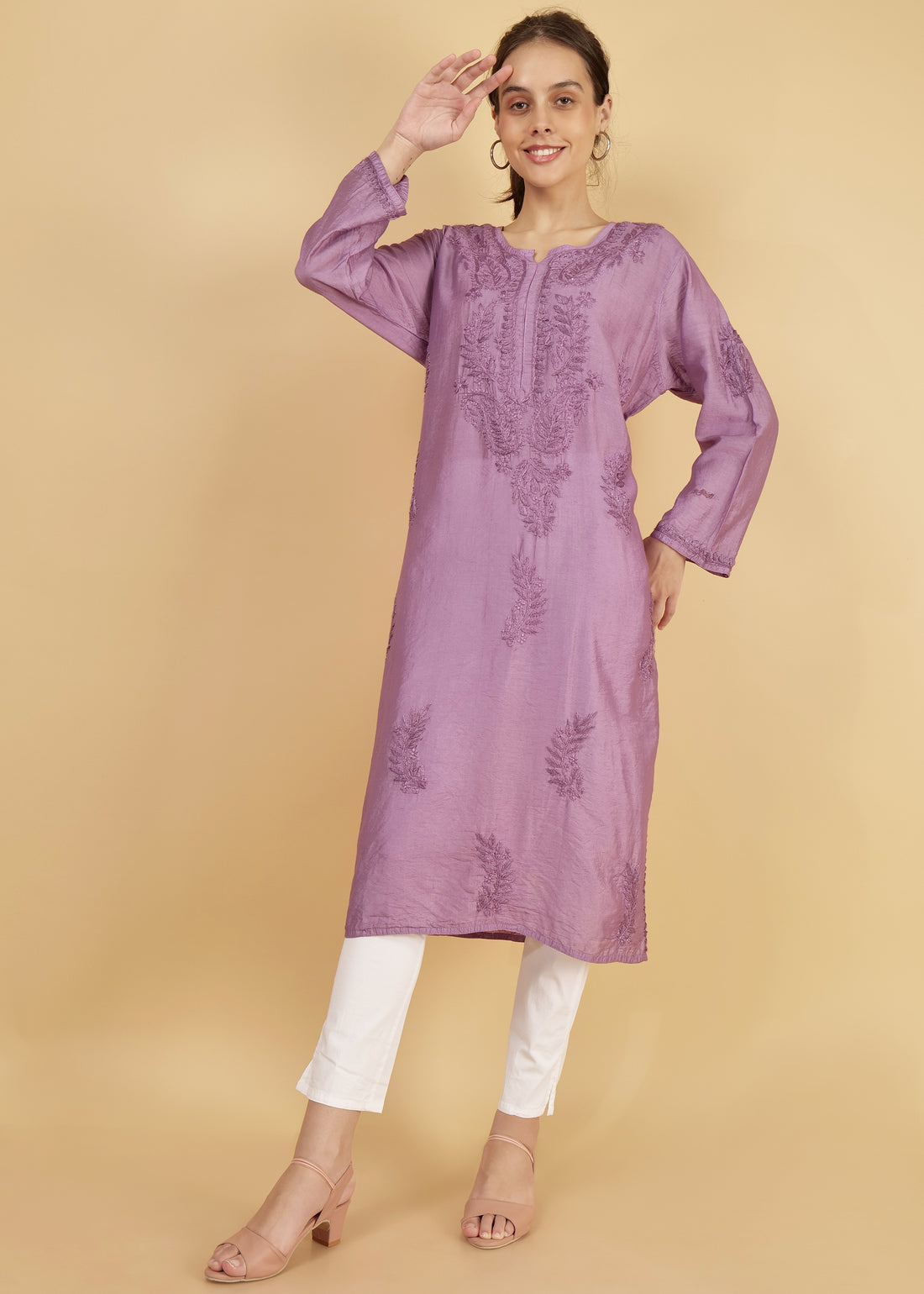 Chanderi Silk Hand Embroidered Long Purple Festive  Kurta