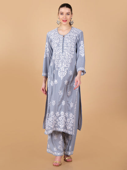 Pure Modal Heavy Bota Pattern hand embroidered Chikankari Kurta  Set -Grey