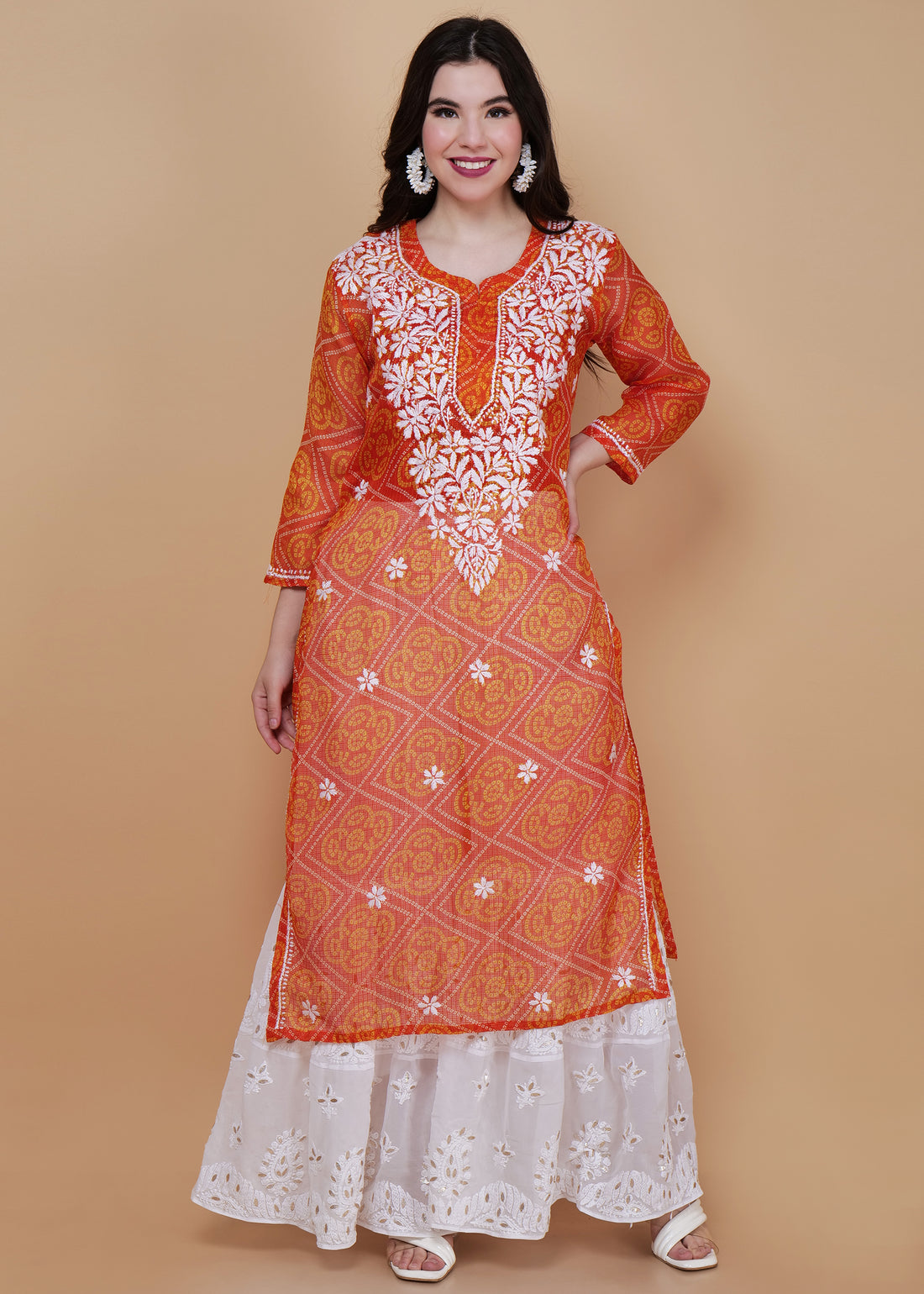 Handcrafted Kota Chikankari Straight Kurta - Orange