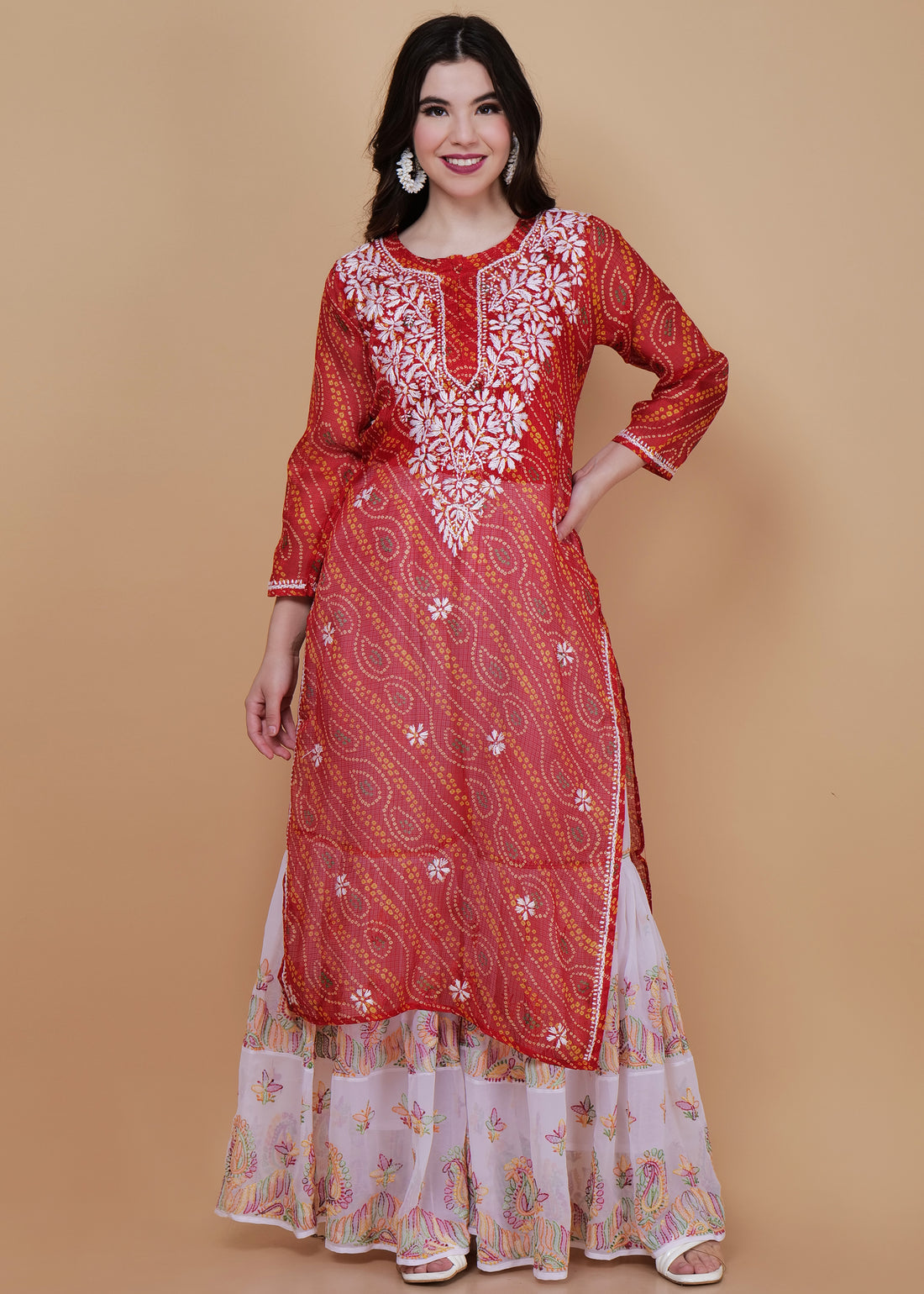 Kota Doria Chikankari Masterpiece Straight Kurta -Darl Red