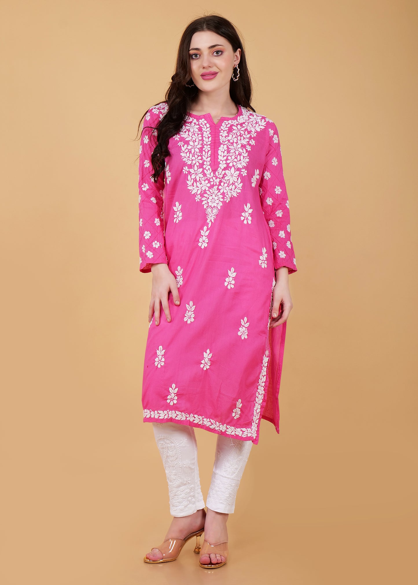 Pure Cotton Hand Embroidered Chikankari Kurta -Pink