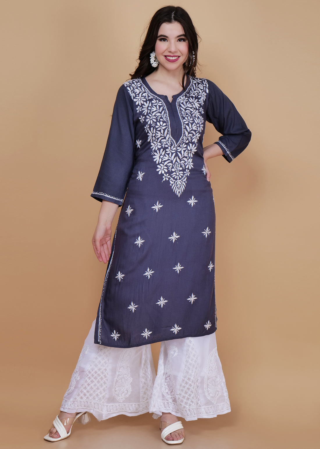 Chikankari Hand-Embroidered Rayon Straight Kurta Grey