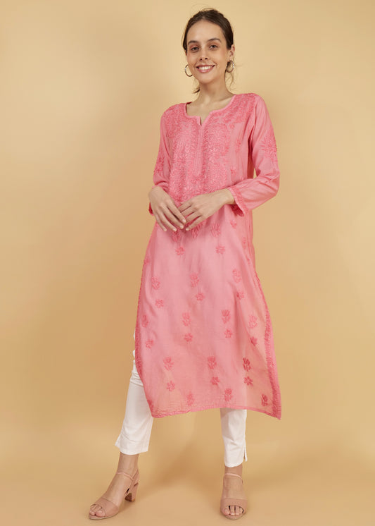 Chanderi Silk Hand Embroidered Long Pink Festive  Kurta