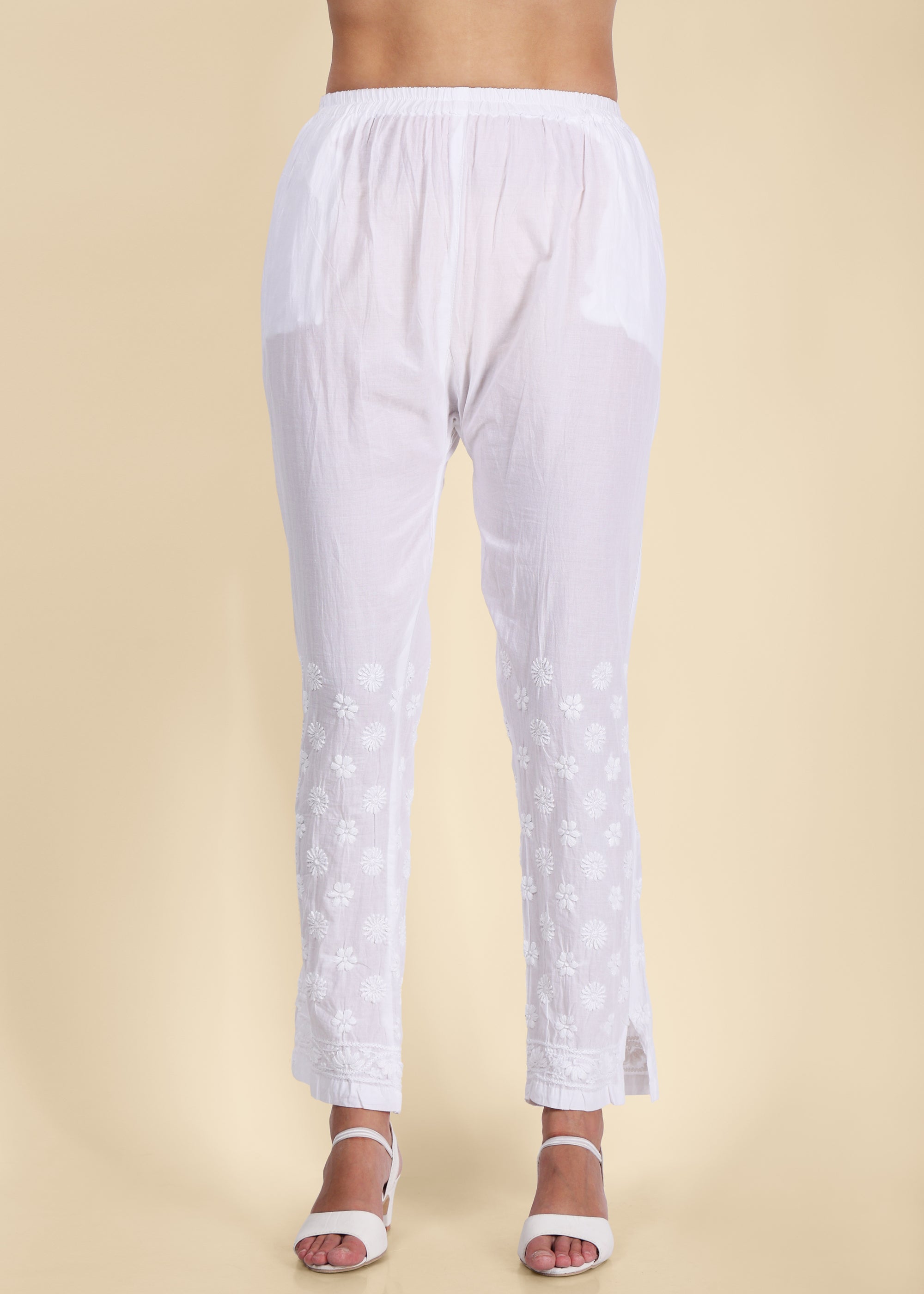 Chikankari stretchable pants with side embroidery style.