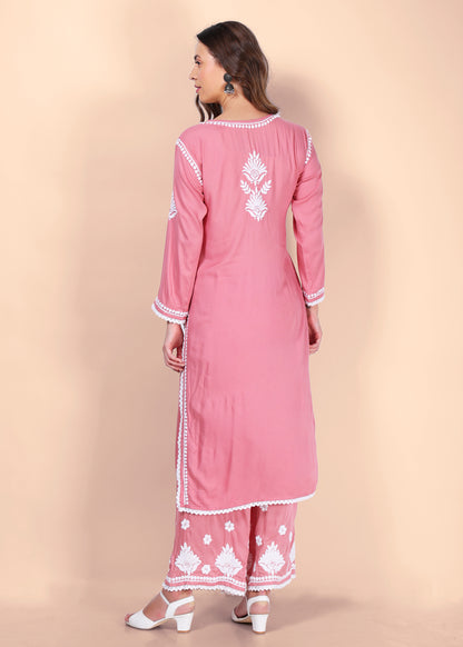 Modal Hand Embroided Lucknow Chikankari Palazo set - Pink.