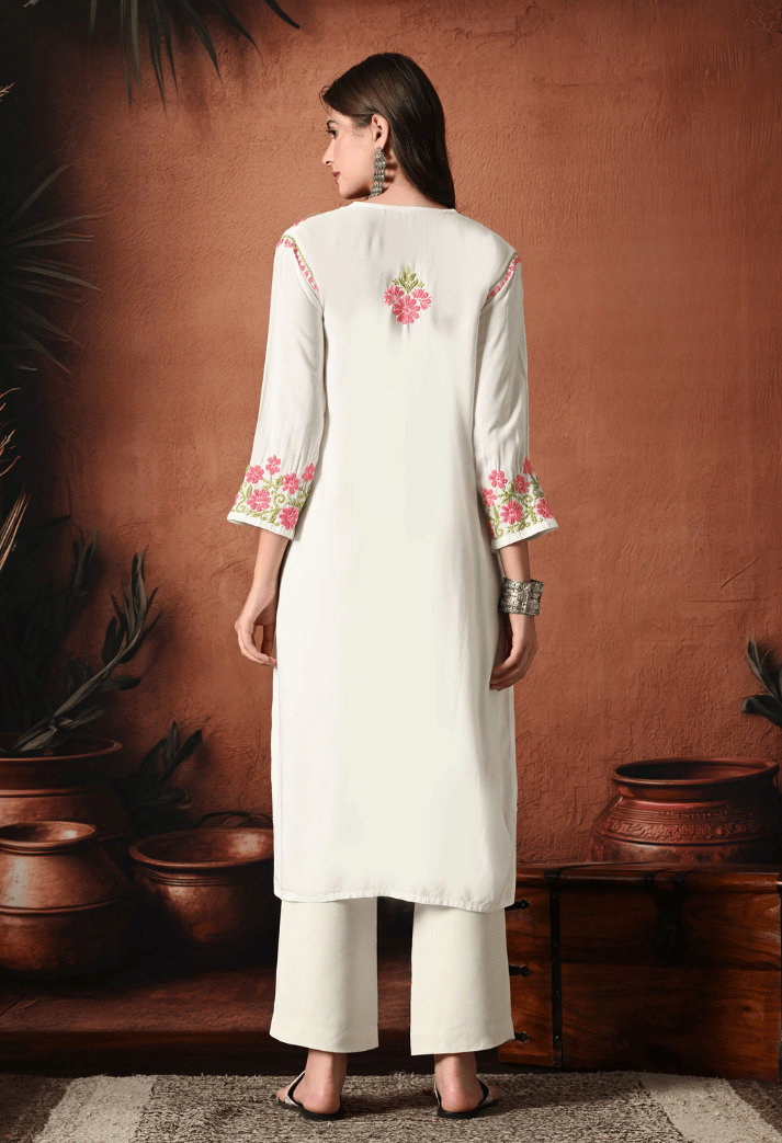 Syrish Pink Thread Hand Embroidered Chikankari Straight Rayon Kurta