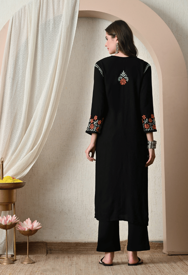 Syrish Black Thread Hand-Embroidered Chikankari Straight Rayon Kurta
