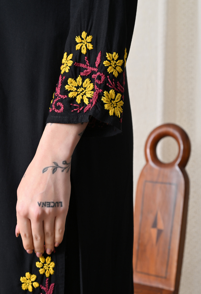 Hand Embroidered Chikankari Rayon Kurta with Floral Thread Work – Yellow