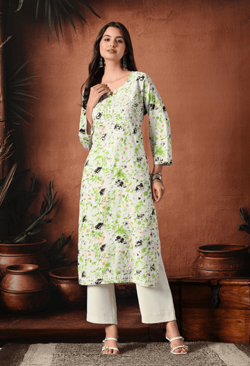 Syrish Black Accents Floral Handcrafted Chikankari Mulmul Kurta