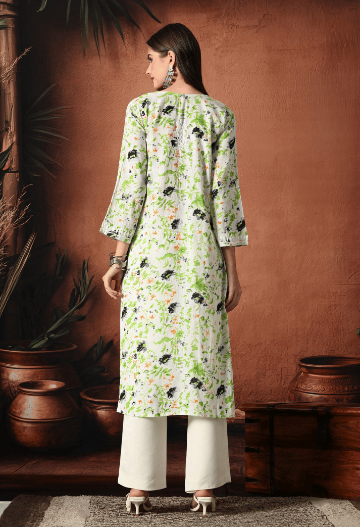 Syrish Black Accents Floral Handcrafted Chikankari Mulmul Kurta