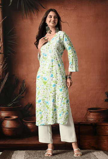 Syrish Blue Accents Floral Handcrafted Chikankari Mulmul Kurta