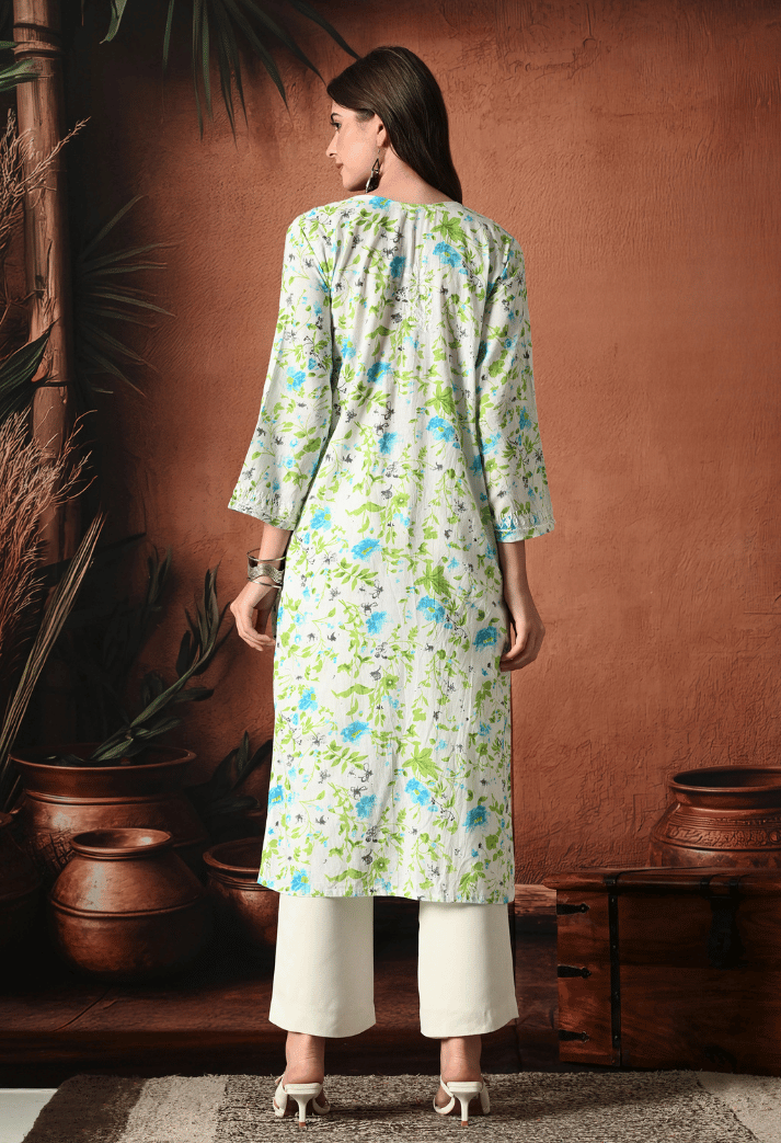 Syrish Blue Accents Floral Handcrafted Chikankari Mulmul Kurta