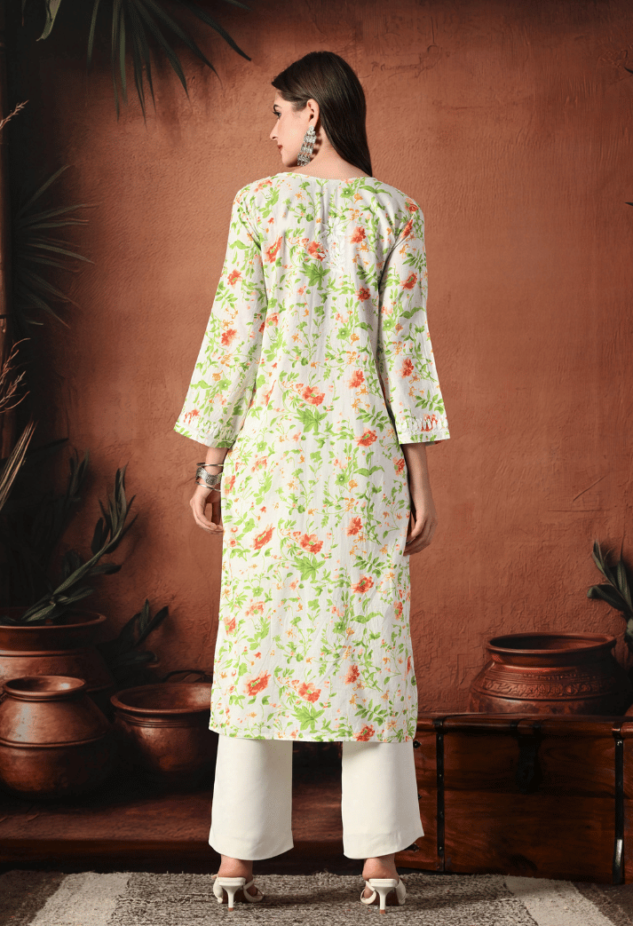 Syrish Orange Accents Floral Handcrafted Chikankari Mulmul Kurta
