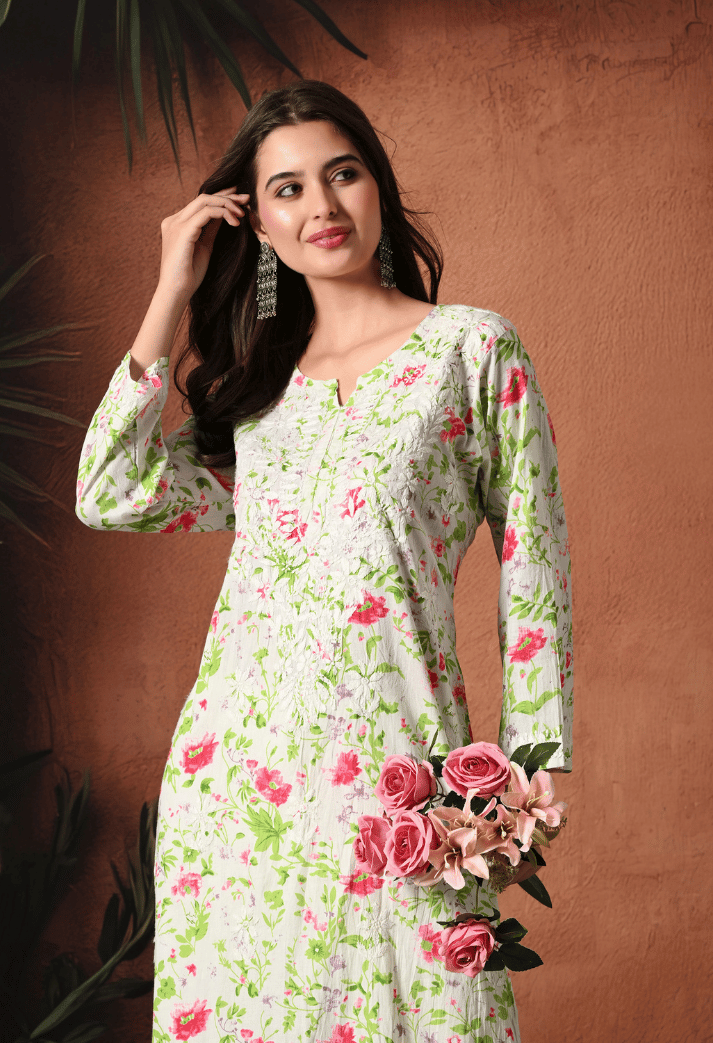 Syrish Pink Accents Floral Handcrafted Chikankari Mulmul Kurta