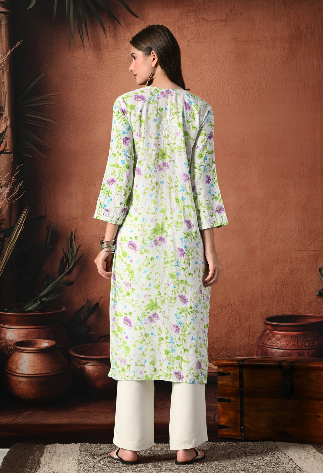 Syrish Purple Accents Floral Handcrafted Chikankari Mulmul Kurta