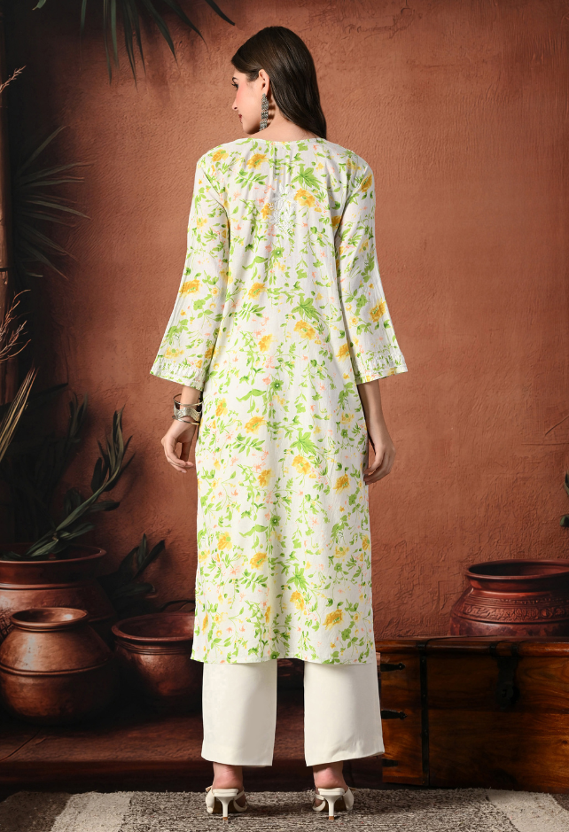 Syrish Yellow Accents Floral Handcrafted Chikankari Mulmul Kurta