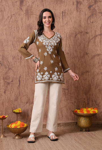 Brown Elegant Hand-Embroidered Chikankari Floral Lucknowi Kurti
