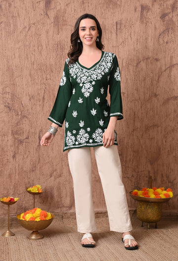 Green Elegant Hand-Embroidered Chikankari Floral Lucknowi Kurti