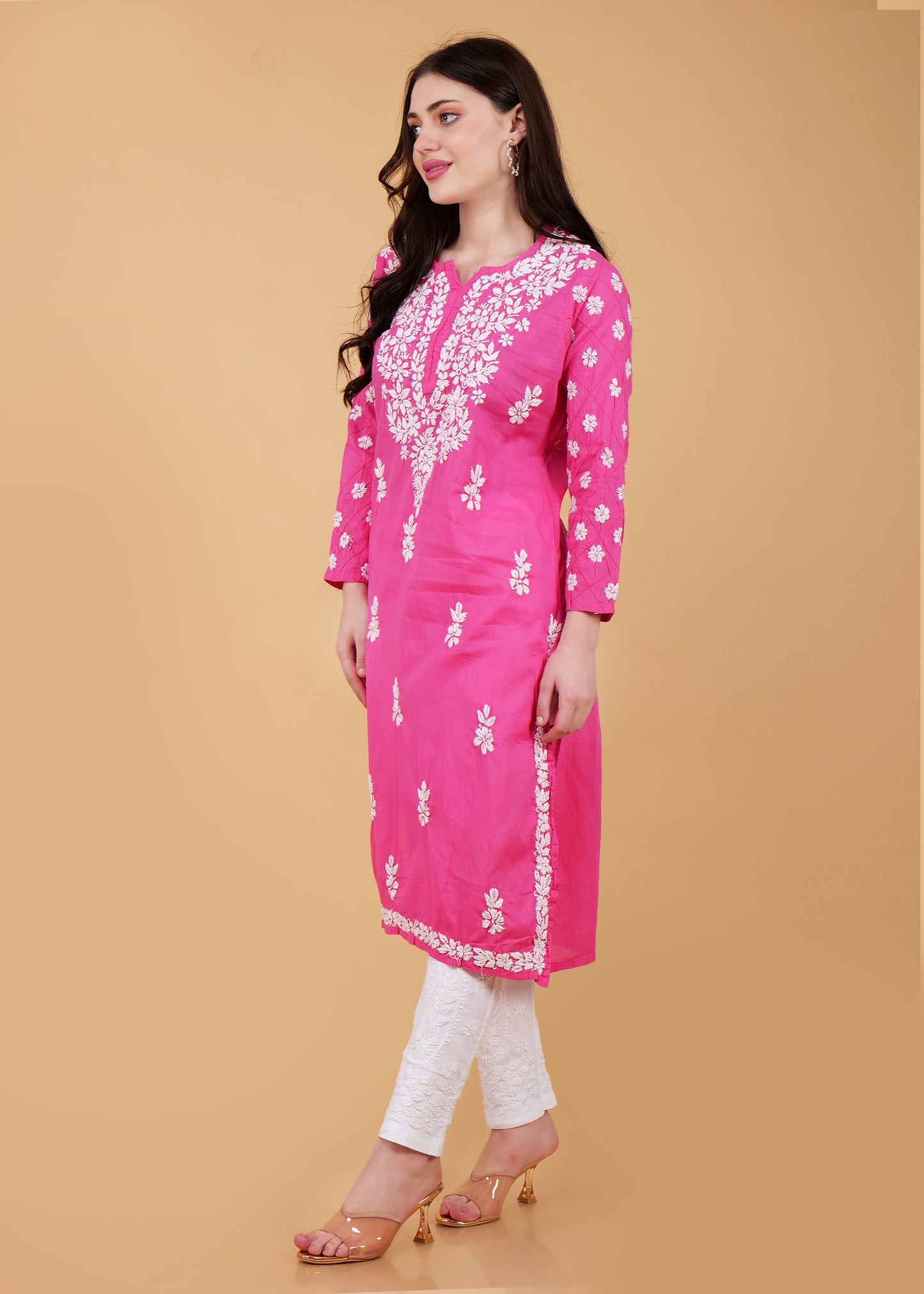 Pure Cotton Hand Embroidered Chikankari Kurta -Pink