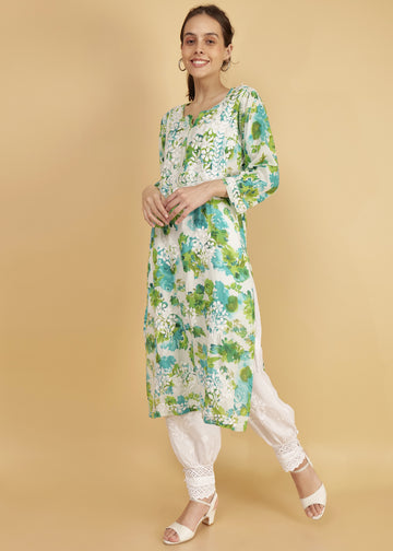 Pure Mulmul Floral Print Green Chikankari Long Straight Kurta