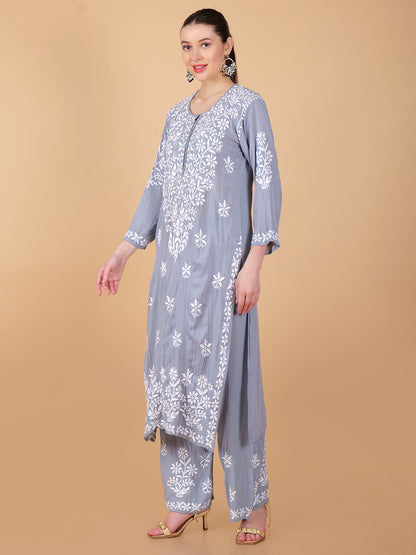 Pure Modal Heavy Bota Pattern hand embroidered Chikankari Kurta  Set -Grey