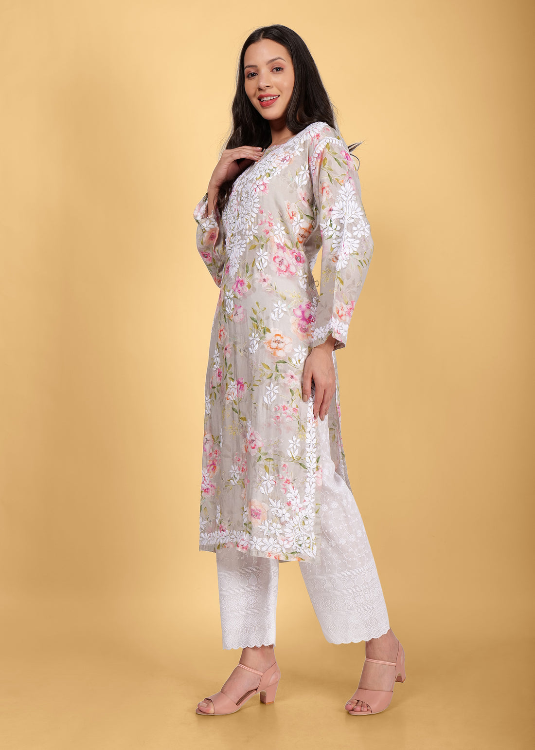 Muslin Hand Embroided Lucknow Chikankari Printed Straight Green Kurta