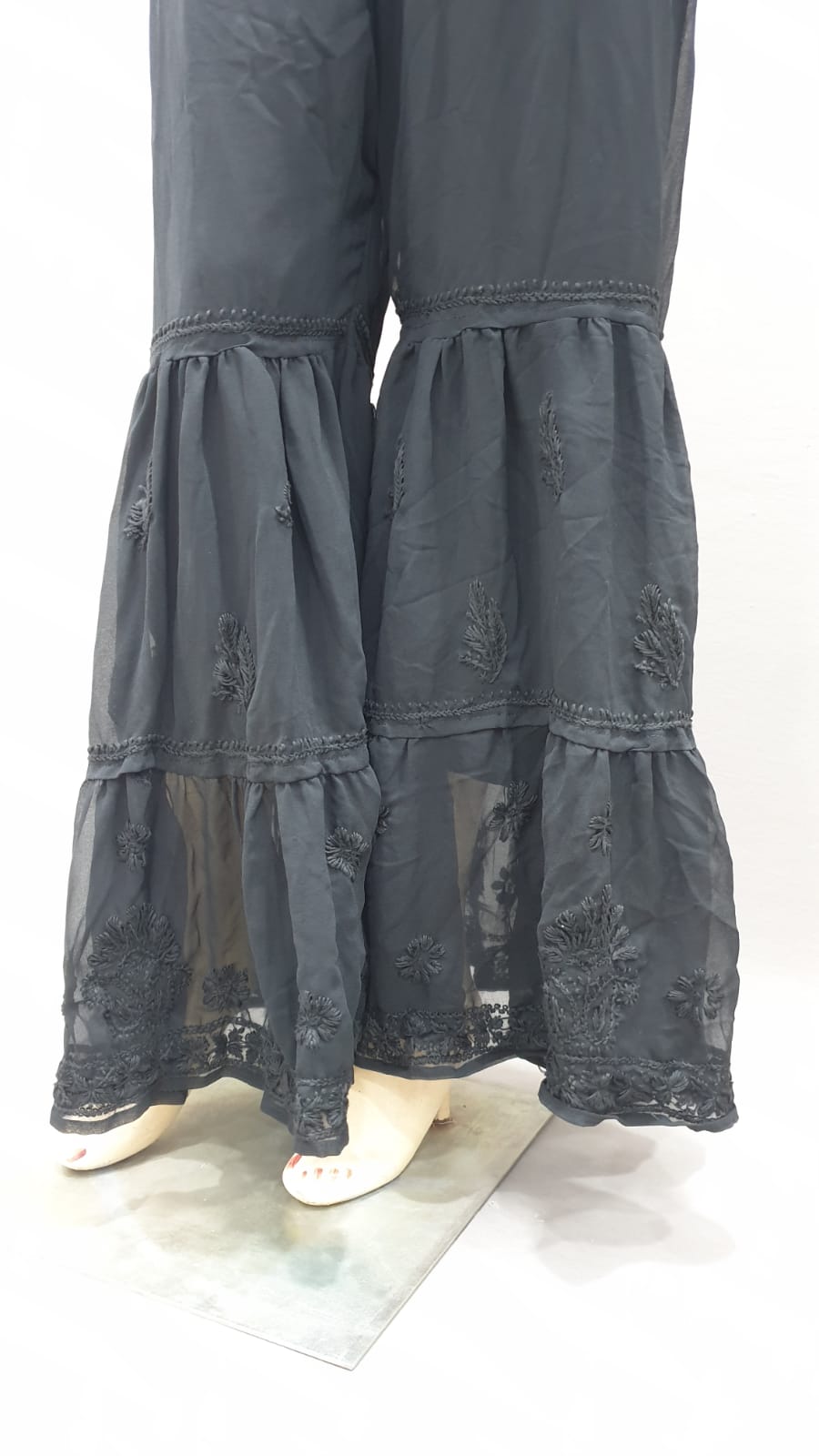 Hand Embroidered Chkankari Flared Black Colour Sarara