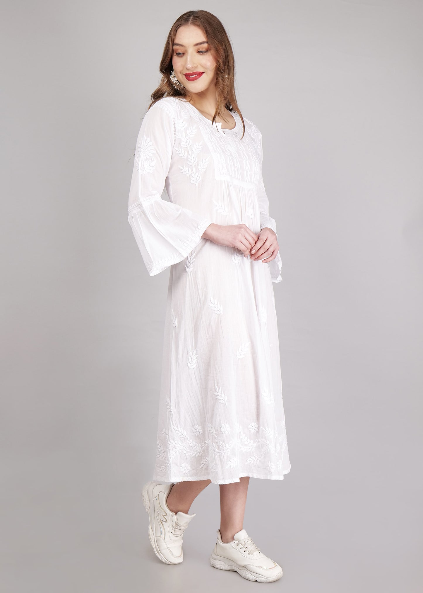 Mulmul Hand Embroidered Knee length Chikankari Dress White