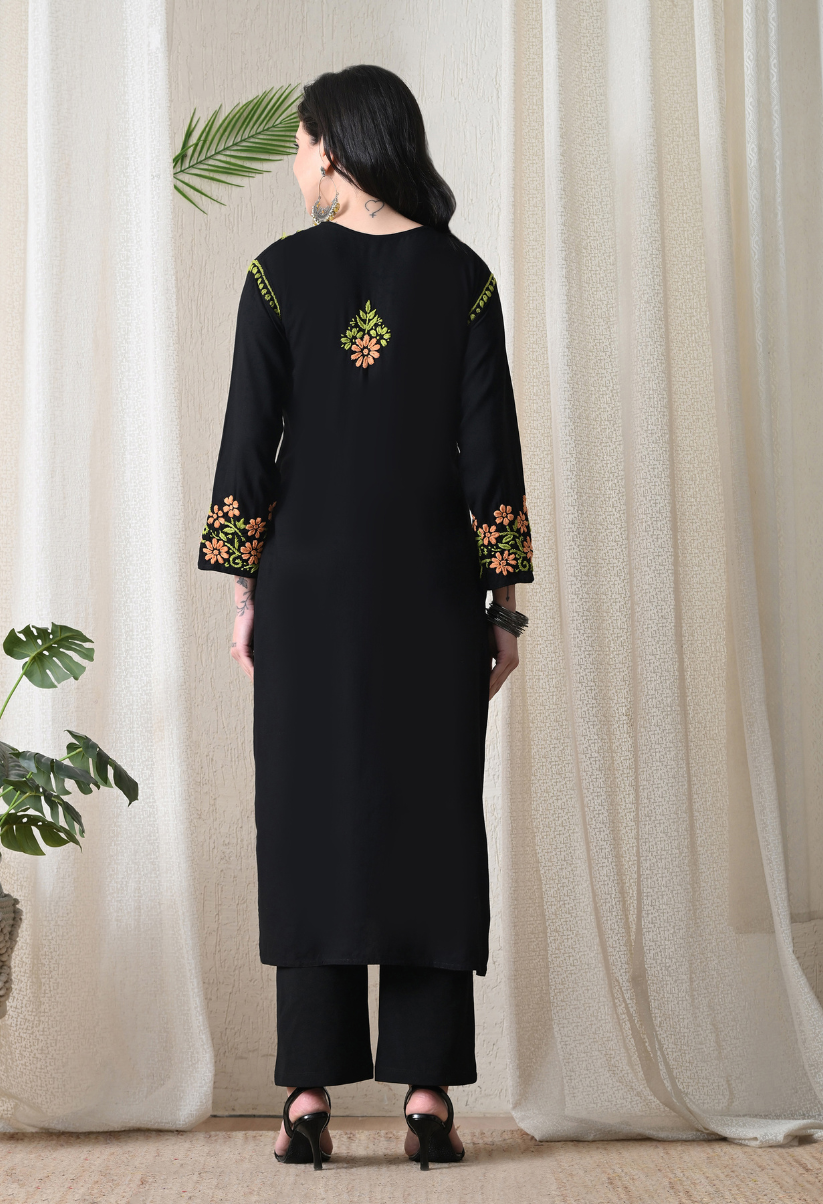 Hand Embroidered Chikankari Rayon Kurta with Floral Thread Work – Peach