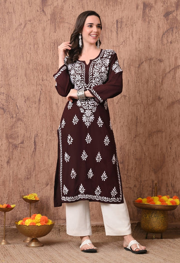 Women Brown Hand Embroidered Chikankari Rayon Straight Kurta