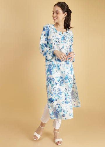 Pure Mulmul Floral Print Blue Chikankari Long Straight Kurta