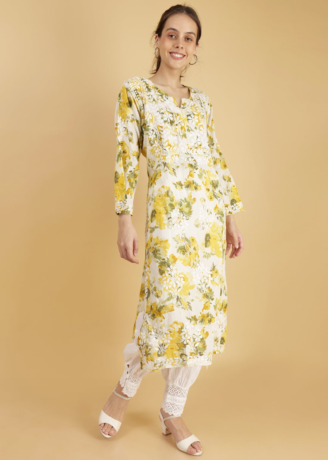 Pure Mulmul Floral PrInt Yellow Chikankari Long Straight Kurta
