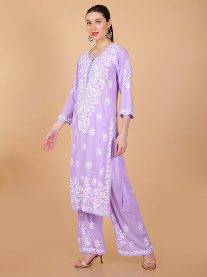 Pure Modal Heavy Bota Pattern hand embroidered Chikankari Kurta  Set -Purple