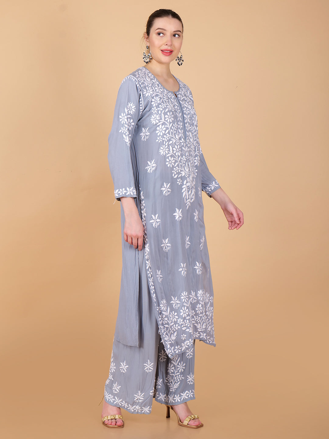 Pure Modal Heavy Bota Pattern hand embroidered Chikankari Kurta  Set -Grey