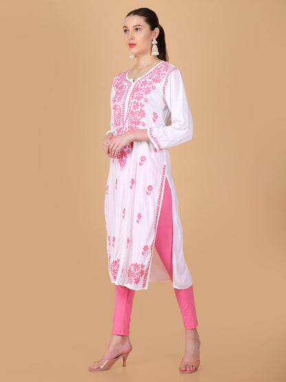 Handmade Lucknow Chikankari Off-White Kurta with Pink Thread work