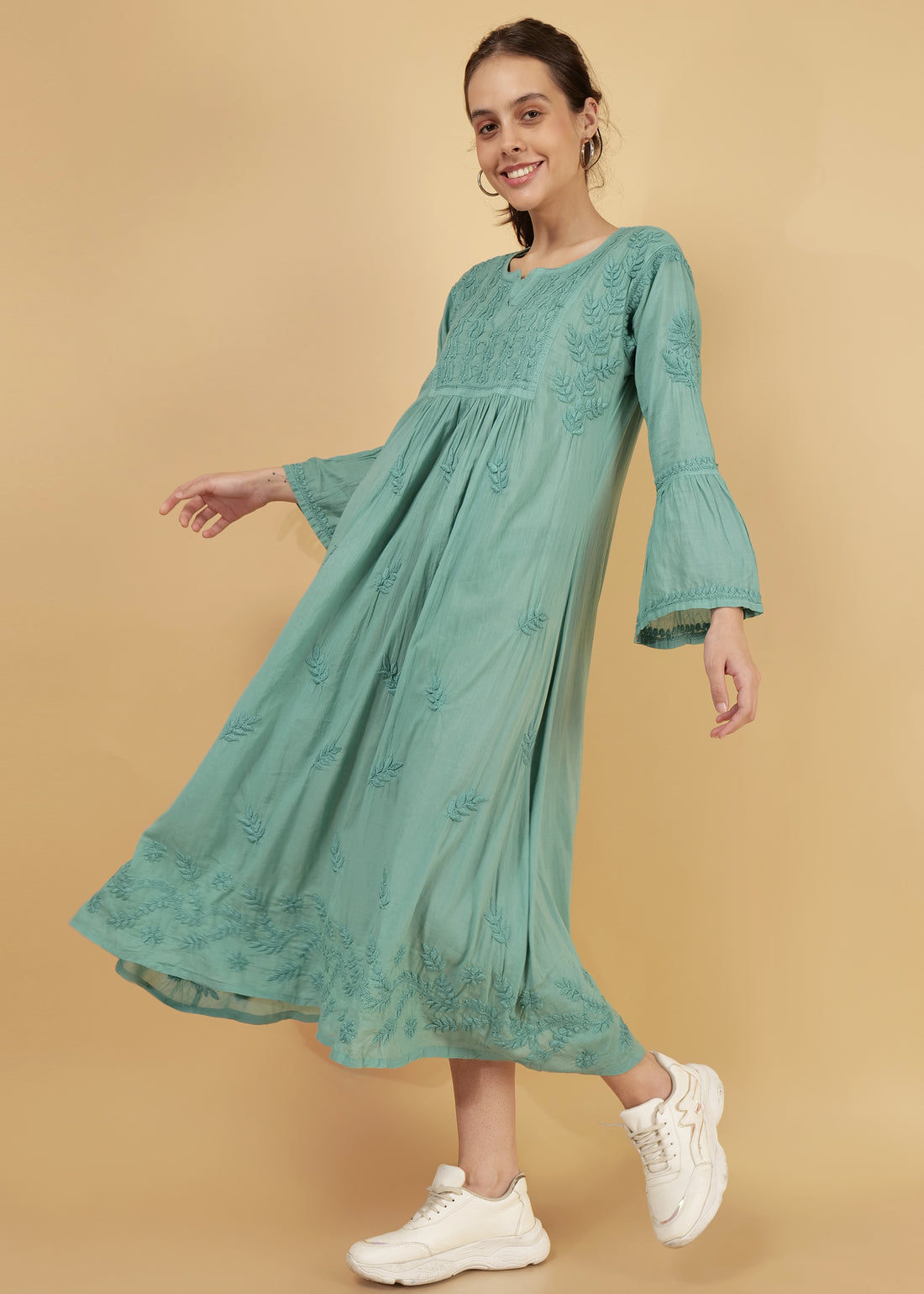 Mulmul Hand Embroidered Knee length Chikankari Dress Green