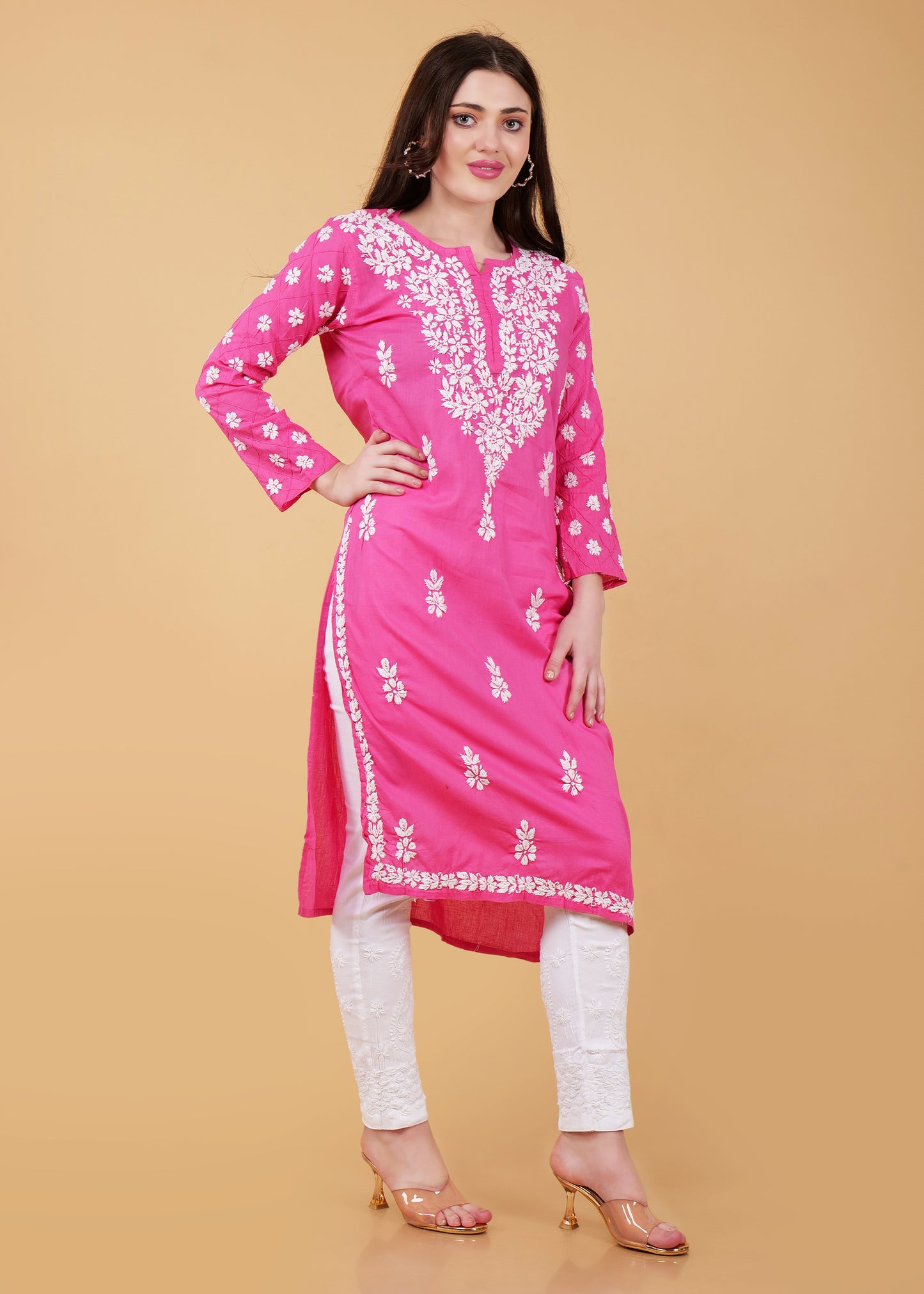 Pure Cotton Hand Embroidered Chikankari Kurta -Pink