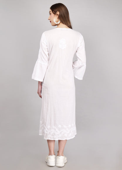 Mulmul Hand Embroidered Knee length Chikankari Dress White