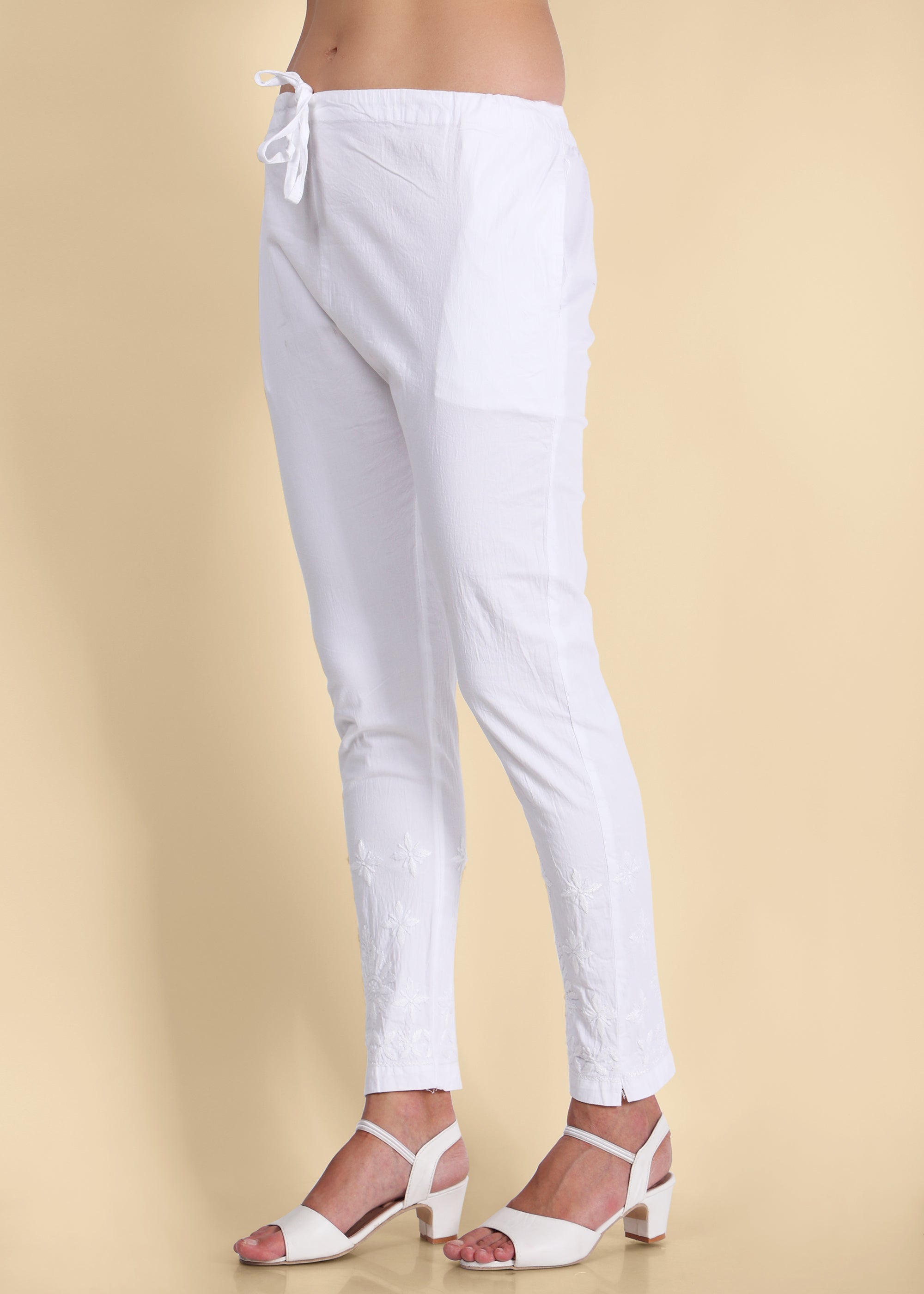 White Straight Pants With Chikankari Work | cotrasworld