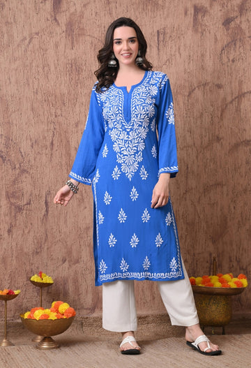 Women Blue Hand Embroidered Chikankari Rayon Straight Kurta