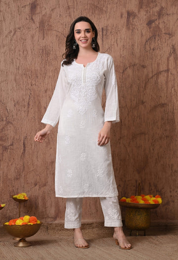 White Hand Embroidered Chikankari Linen Cotton Kurtai