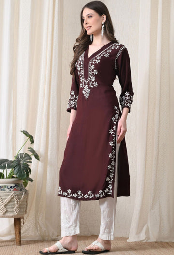 Wine Maroon Hand-Embroidered Chikankari Rayon Straight Kurta
