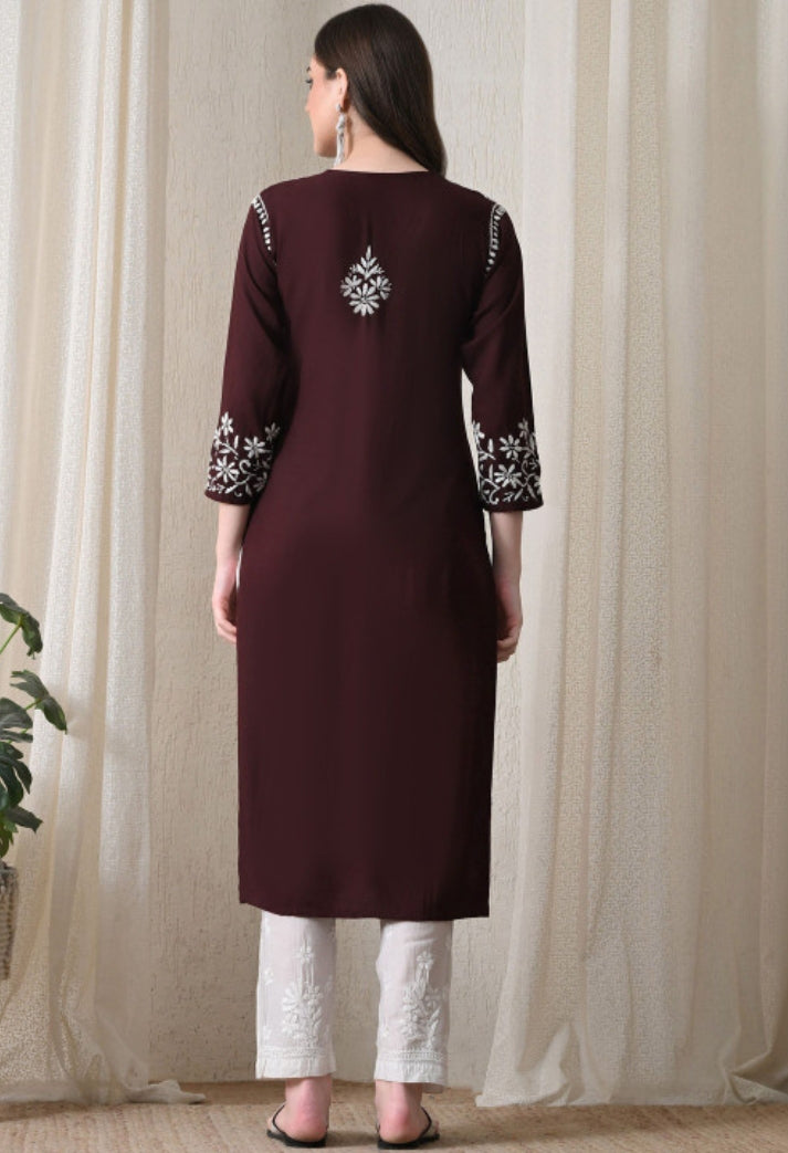 Wine Maroon Hand-Embroidered Chikankari Rayon Straight Kurta