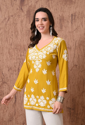 Yellow Elegant Hand-Embroidered Chikankari Floral Lucknowi Kurti